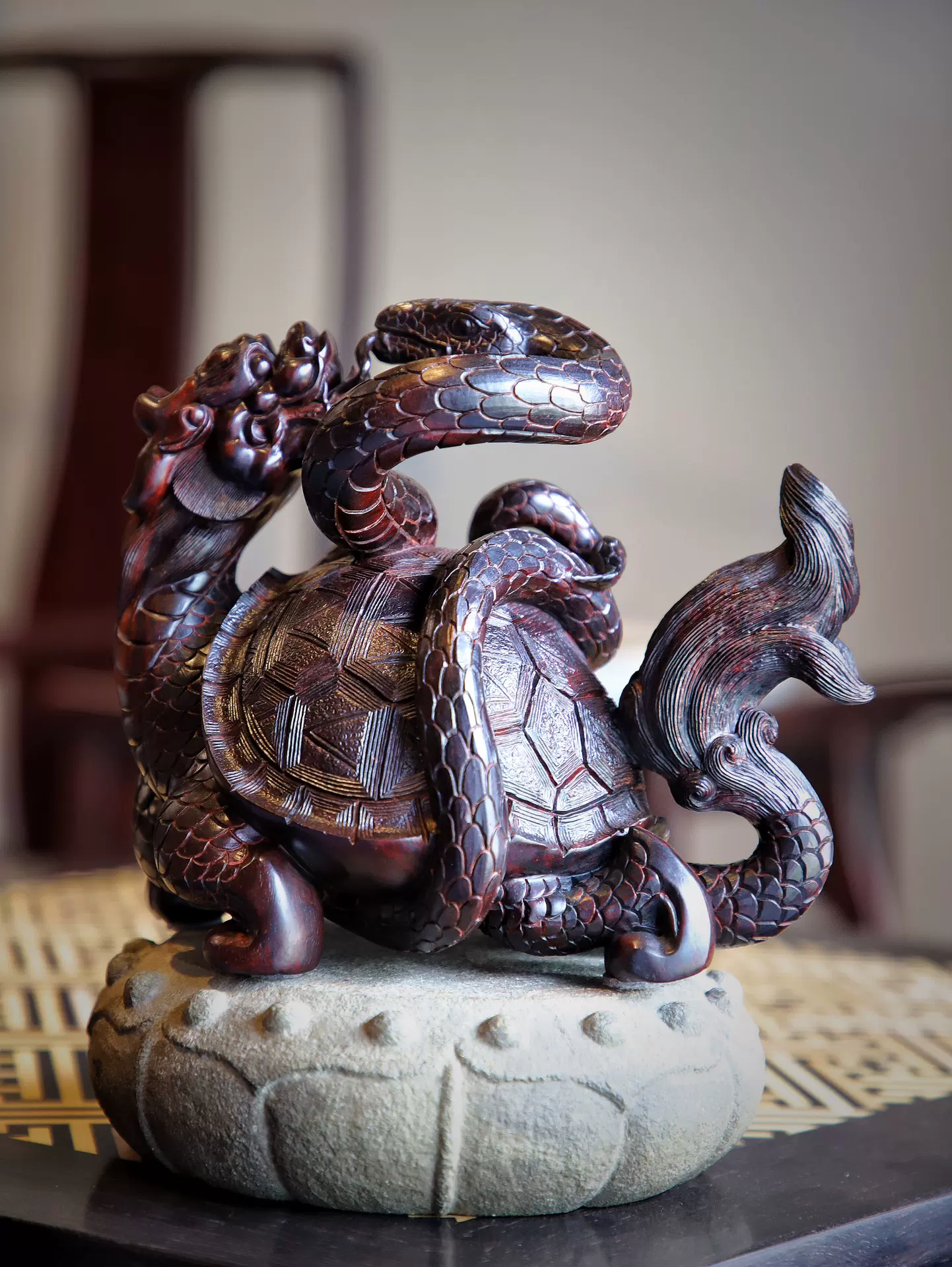 紫檀製彫刻 工芸品 小叶紫檀手工雕刻玄武摆件木雕玄武神兽工艺品风水摆件私人定制