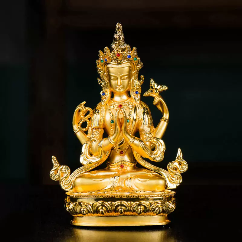 现代室内小铜像镀金四臂观音菩萨5寸佛前用品观音