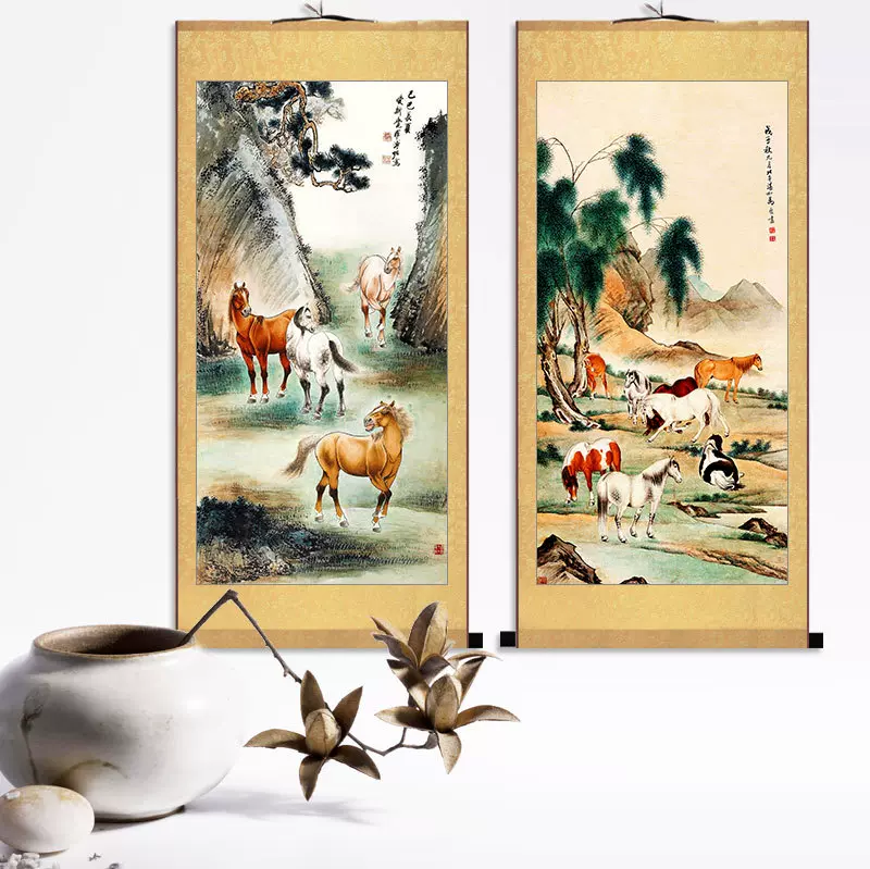 馬到成功掛畫八駿圖客廳裝飾畫駿馬圖馬上封候絲綢卷軸國畫生肖畫-Taobao 
