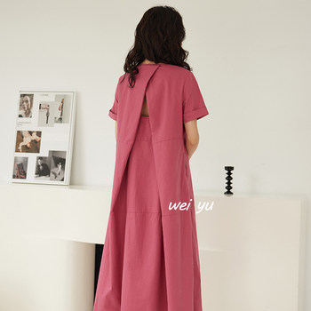 Weiyu large-size women's solid color casual dress 2025 summer new V-neck short-sleeved French temperament skirt