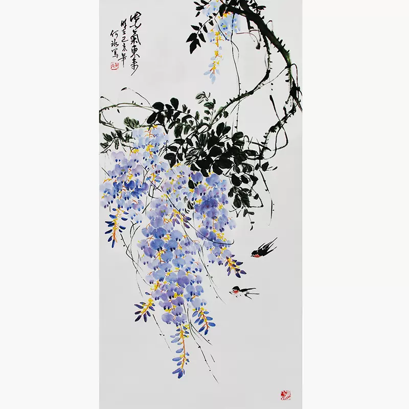 中国の花鳥画 「開到紫藤芳事盡」水墨画 肉筆画真跡保証あります R-10101 中國畫：花鳥畫合集02 紫藤花開燕歸來#中國水墨畫_ 手繪_ 國畫