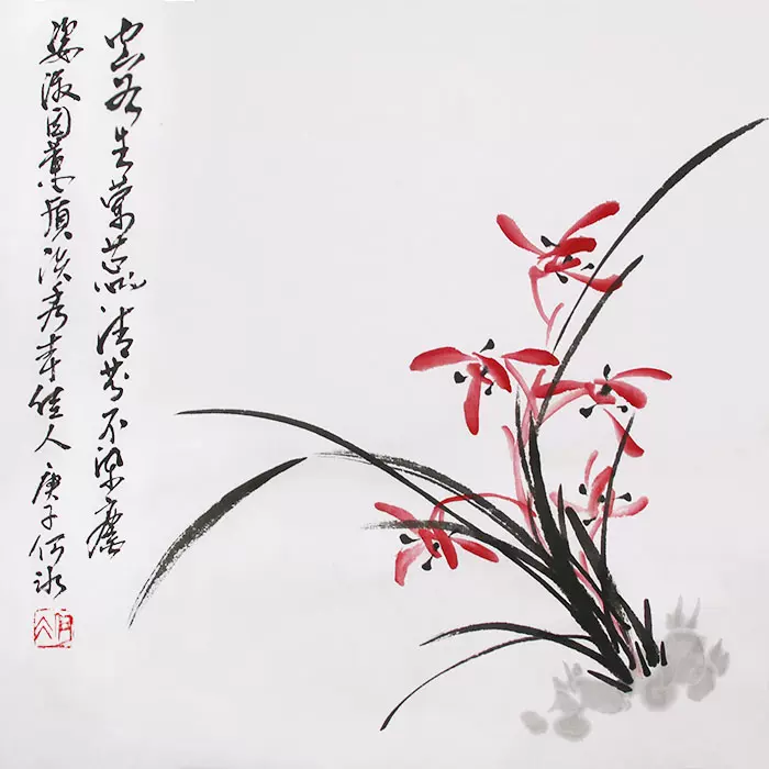 中国古美術・花卉図三尺画芯・朱軍印款・水墨彩色画・純手描き・文房・宣紙・带水印 中国古美術・花卉図三尺画芯・朱軍印款・水墨彩色画・純手描き