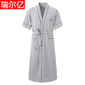 Men's Men's Summer Cotton Short Sleeve Yutsuksu and thin conjoined one -piece pajamas Men's summer all -cotton bathrobe large size
