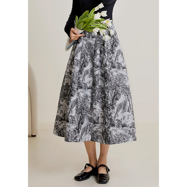 Migu retro ink painting skirt spring and autumn printed skirt women's A-line skirt high waist large hem skirt slim pleated skirt