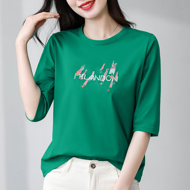 Mid-sleeved top three-quarter sleeve blue T-shirt women's short-sleeved 2024 new summer thin loose half-sleeved T-shirt
