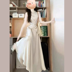 Beautiful and Stunning Summer Outfit: Asymmetrical Tank Top and Skirt Two-Piece Set, Acetate Satin Dress, Long Skirt