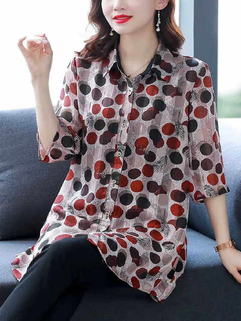 Polka dot chiffon shirt for women mid-length shirt for summer quarter sleeve top fashionable loose large size mother dress shirt