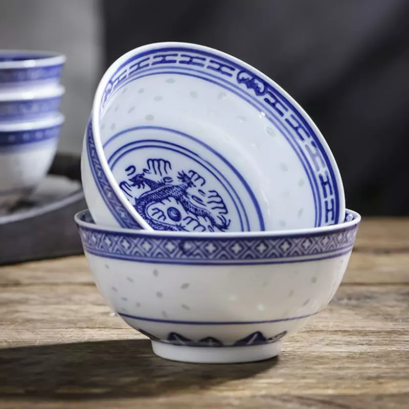中国青磁、碗 景德镇青花玲珑瓷碗中式复古龙纹蓝色的花碗家用商用多尺寸可选釉