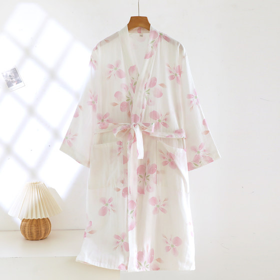 
Double-layer pure cotton gauze nightgown for women spring, autumn and summer thin romantic cherry blossom Japanese kimono bathrobe pajamas home clothes
