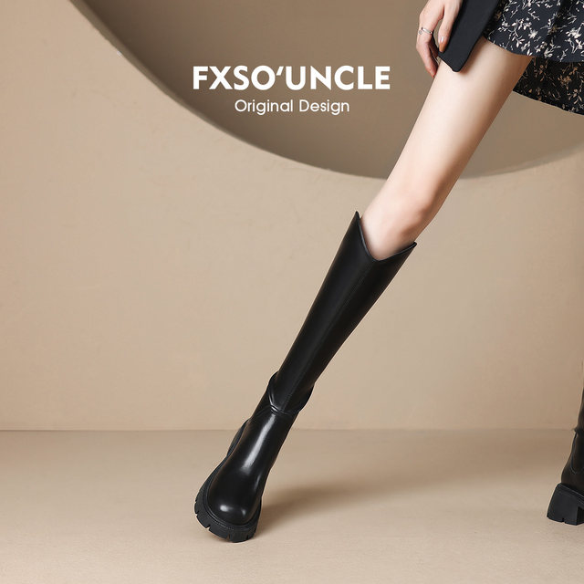 Genuine leather Fangxiang 2025 autumn new V-mouth boots small high-heeled black slim knight boots long boots for women