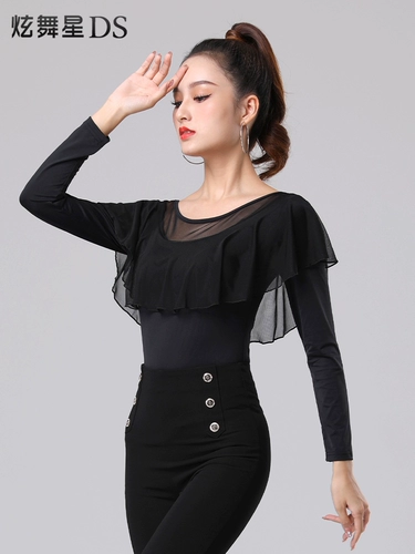 Современный танцевальный топ женский круглый шея новая танцевальная одежда Lotus Leaf Side Latin Dance Clothing осень и зимняя рубашка Petzerz