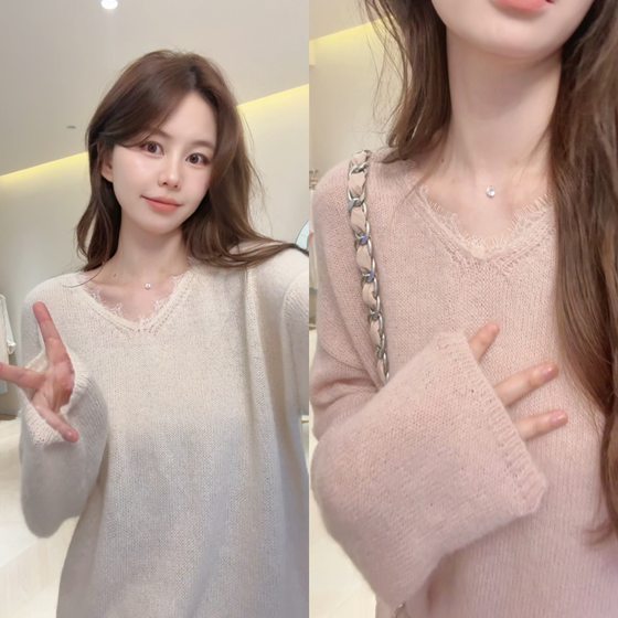 
KA25 Pure lace spliced ​​v-neck sweater