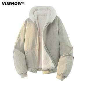 
VIISHOW2025 Winter Mountain Carving Workwear Hooded Cotton Clothes Men's Trendy Brand Couples Loose Velvet Warm Cotton Clothes