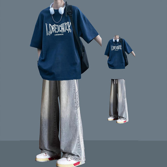 
Summer short-sleeved T-shirt for men handsome jeans suit American loose trendy clothes for teenagers