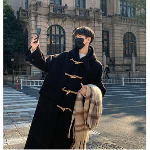 
High quality 15% wool horn button hooded woolen coat for men, medium and long woolen coat, winter woolen coat, thickened