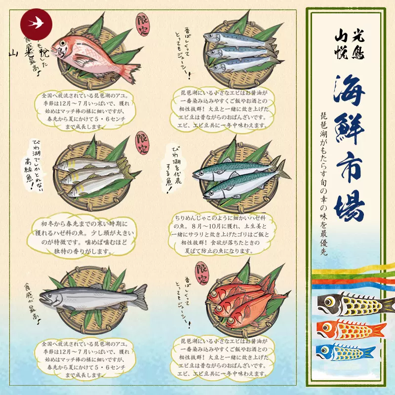 0232日系原生态海鲜饭店农庄筲箕各类鱼生笔风插画图案