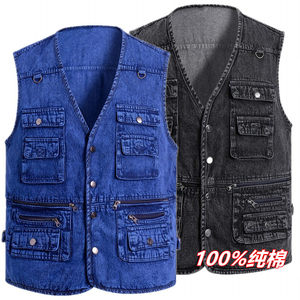 
Spring and Autumn Middle-aged and Elderly Vest Men Plus Size Pure Cotton Denim Multi-Pocket Vest Outdoor Leisure Fishing Horse Clip