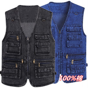 
Spring and Autumn Middle-aged and Elderly Vest Men Large Size Pure Cotton Multi-Pocket Denim Vest Daddy Outdoor Casual Horse Clip