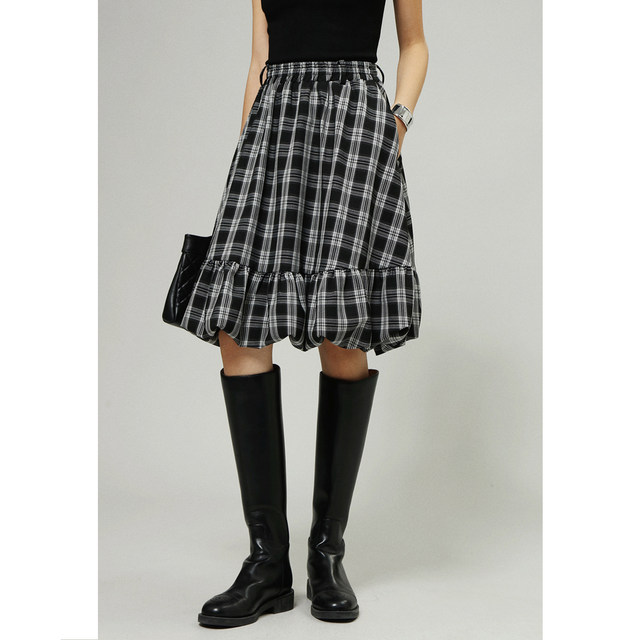 FANLE STUDIOS Autumn and winter retro MIU style flower bud mid skirt high waist temperament casual A-line plaid skirt