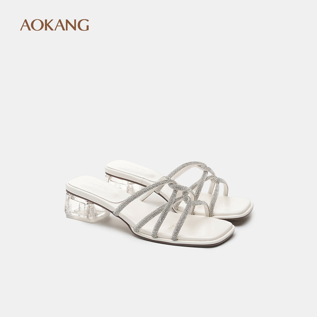Aokang Women's Shoes 2025 Summer Flip-Flops Crystal Square Heel Rhinestone Square Heels Thick Heel Sandals Delivered in Store