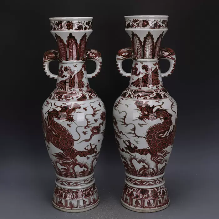 元代釉里红手绘龙纹象耳瓶一对仿多字官窑款古瓷器收藏品古玩古董-Taobao