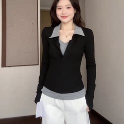 Plus-Size Early Autumn Design with Contrasting Color Patchwork, Faux Two-Piece Long-Sleeve T-Shirt, 2025 New Slim-Fit and Slimming Top