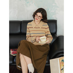 "female Writer Lennon" Retro Wool Striped Polo Lapel Pullover Sweater