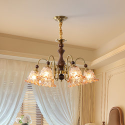 French-Style Vintage Living Room Chandelier 2026 New Retro Vintage Style Solid Wood Bedroom Chandelier Dining Room Amber Glass Lamp