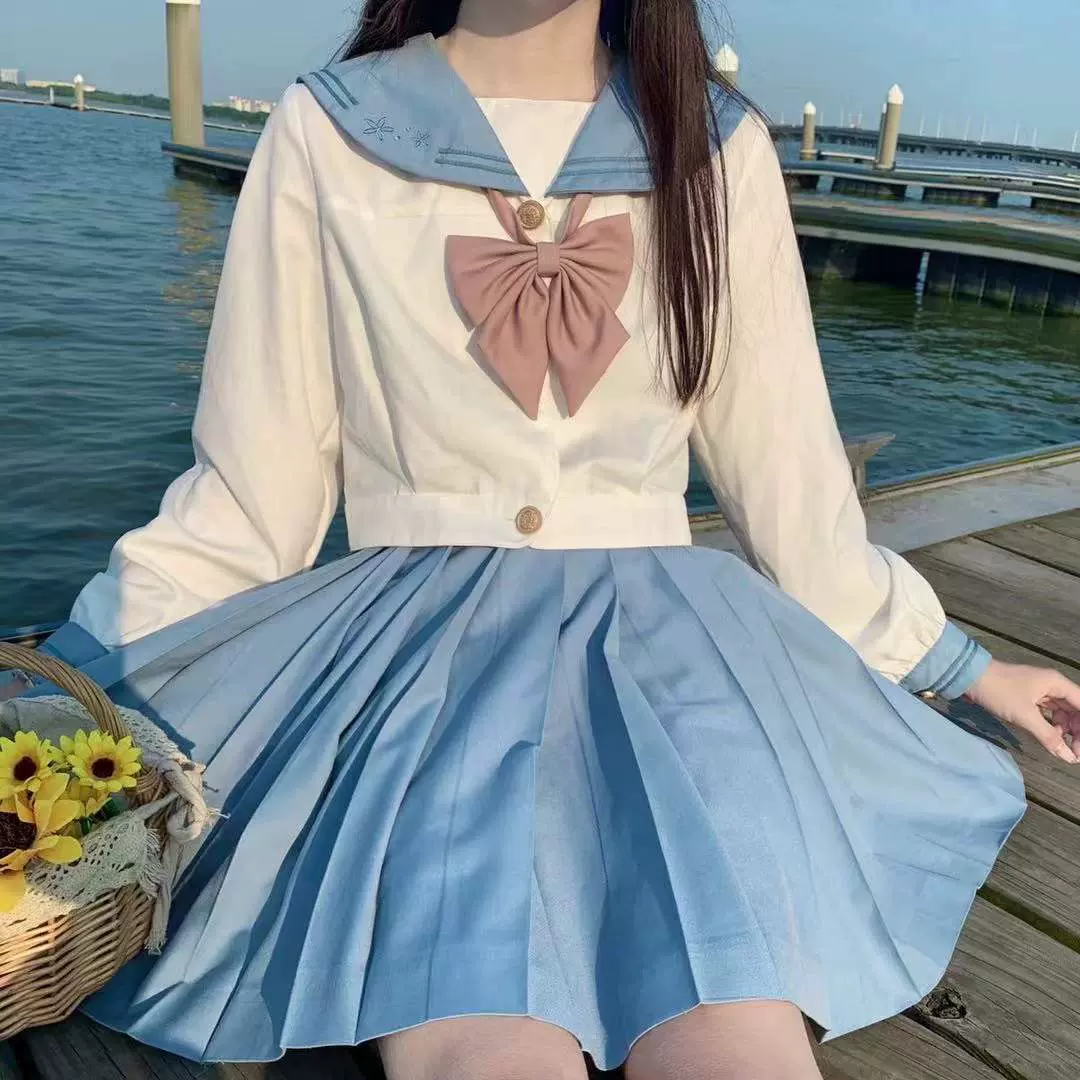 22春季新款jk 水竺女子刺绣泡泡袖水手服中间服夏服