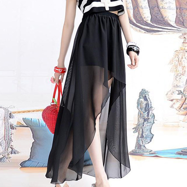 Long skirt summer new irregular gauze skirt short front and long irregular hem skirt mid-length women's high waist