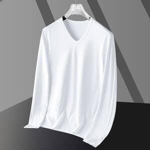 2025 summer new long-sleeved T-shirt men's solid color white thin inner bottom shirt V-neck autumn shirt autumn clothes
