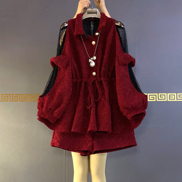 Fat sister large size women's clothing 2022 early spring new style small fragrance style loose waist top shorts slimming two-piece suit