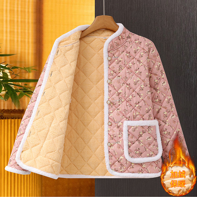 Middle-aged and elderly autumn and winter cotton coats with velvet and thickening for mothers, large-size loose floral cotton-padded jackets with stand-up collars
