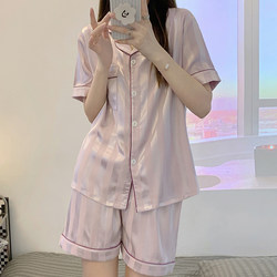 Summer Short-Sleeved Ice Silk Pajamas for Women, Thin Set, Solid Color Ribbed Purple Loose Shorts, Home Wear, Sweet Summer Style