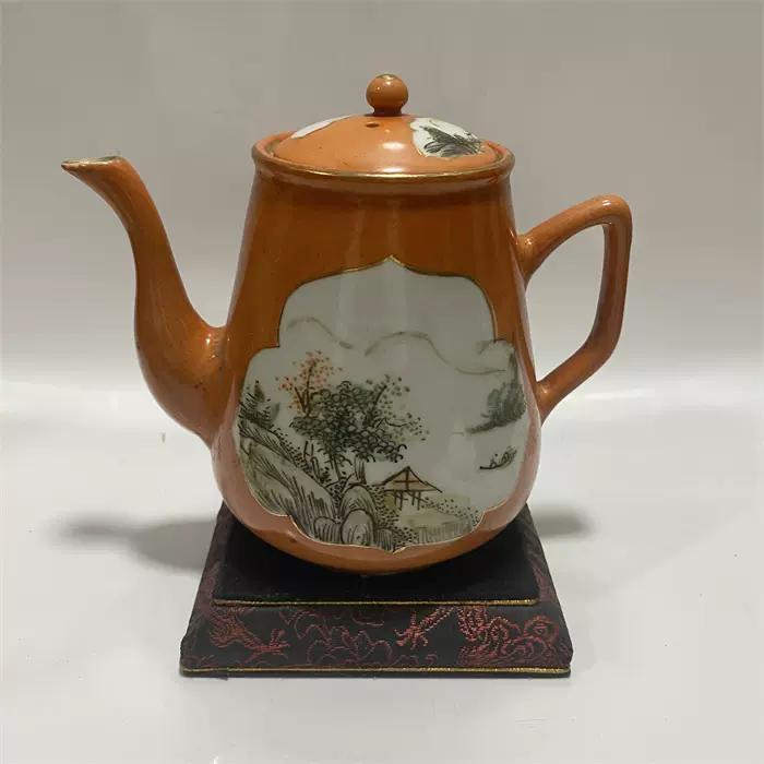 民国时期珊瑚红开窗浅降彩山水茶壶古董古玩瓷器收藏旧