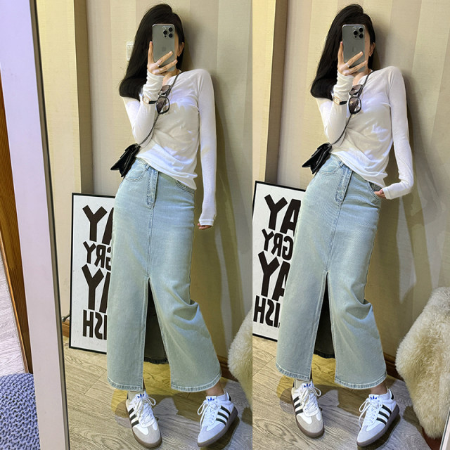 2025 retro green washing old denim skirt summer new high-waisted hip straight slit long skirt