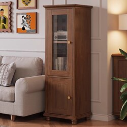 Yangman American-Style Solid Wood Bookcase with Cabinet Doors, Vintage Storage Cabinet, Living Room Tv Side Cabinet, Tall Narrow Cabinet, Small Size