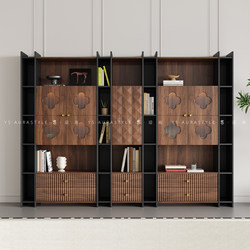 Yingshang Solid Wood Combination Bookcase with Glass, Black Walnut Wood Wall-To-Wall Bookshelf, Display Cabinet, Card Holder, Living Room Storage Cabinet