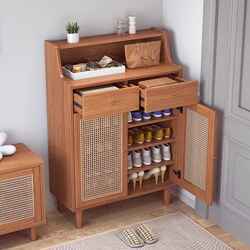 Yangman Nordic Solid Wood Rattan Shoe Cabinet, Entryway Cabinet for Home Use, Multi-Layer Large Capacity Storage Cabinet for Small Apartments