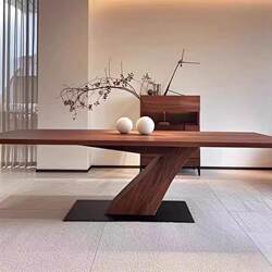 Yangman Vintage Wabi-Sabi Style Solid Wood Dining Table Modern Minimalist Home Living Room Dining Table Nordic Walnut Color Office Desk