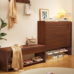 Yangman Nordic Solid Wood Ultra-Thin Flip Shoe Cabinet for Home Entrance, Large Capacity Space-Saving Shoe Changing Bench