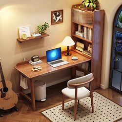 Meng Xiaoxiong Solid Wood Corner Desk with Bookshelf, Integrated Table for Bedroom, Corner Computer Desk, Bookcase Combination Writing Desk for Home Use