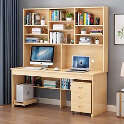 Yangman Solid Wood Desk and Bookshelf Combination for Home Use with Integrated Bookcase, Simple and Economical Computer Desk, Study Desk