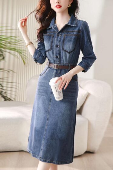 
European high-end slim denim skirt dress trendy 2024 early spring new age-reducing seven-quarter sleeve slim long skirt for women