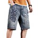 Embroidered denim shorts men's summer thin slim feet trendy Korean style men's straight mid-pants five-point pants