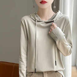 2026 Spring/Summer New 100% Cotton Hoodie Women's Long Sleeve Pullover Sweatshirt Loose Slimming Autumn Coat Solid Color Jacket