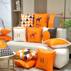 Orange Throw Pillow for Sofa in Living Room, Light Luxury Warm Color Soft Decoration Cushion, Geometric Plush Orange Lumbar Support Pillow Cover (Core Not Included)