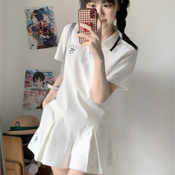 Jk Tennis Sports Suit for Women, New Summer Style, Fashionable Loose Polo Short-Sleeved Shorts, Badminton Suit Two-Piece Set for Women