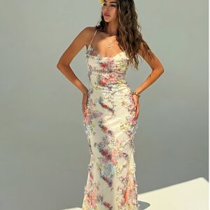 
European and American style women's new summer style romantic and elegant fabric pleated decoration slim fishtail suspender long dress
