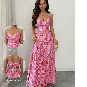
European and American women's new summer style fashionable and elegant V-neck plaid bow waist waist long suspender sleeveless dress
